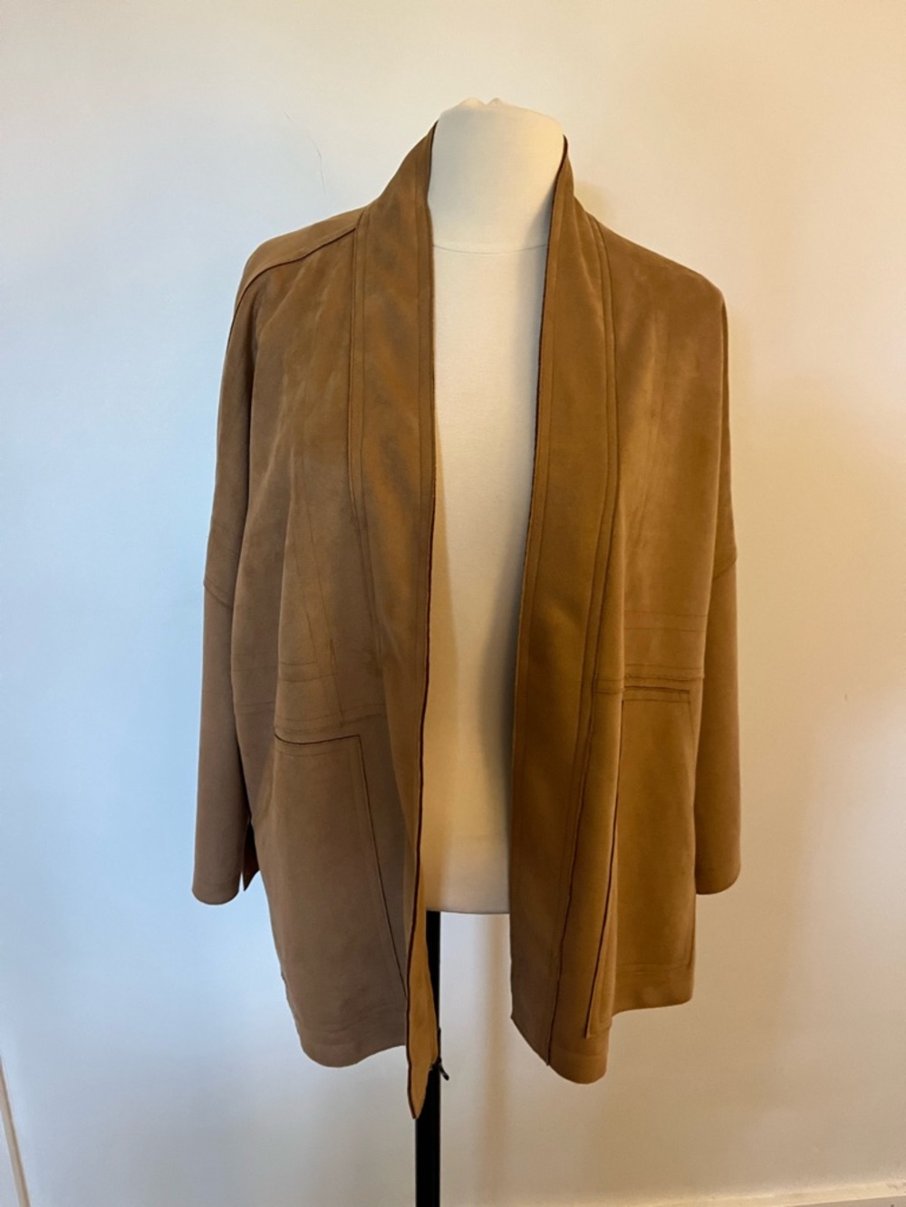 THML Open-Front Suede Coatigan in Camel Brown